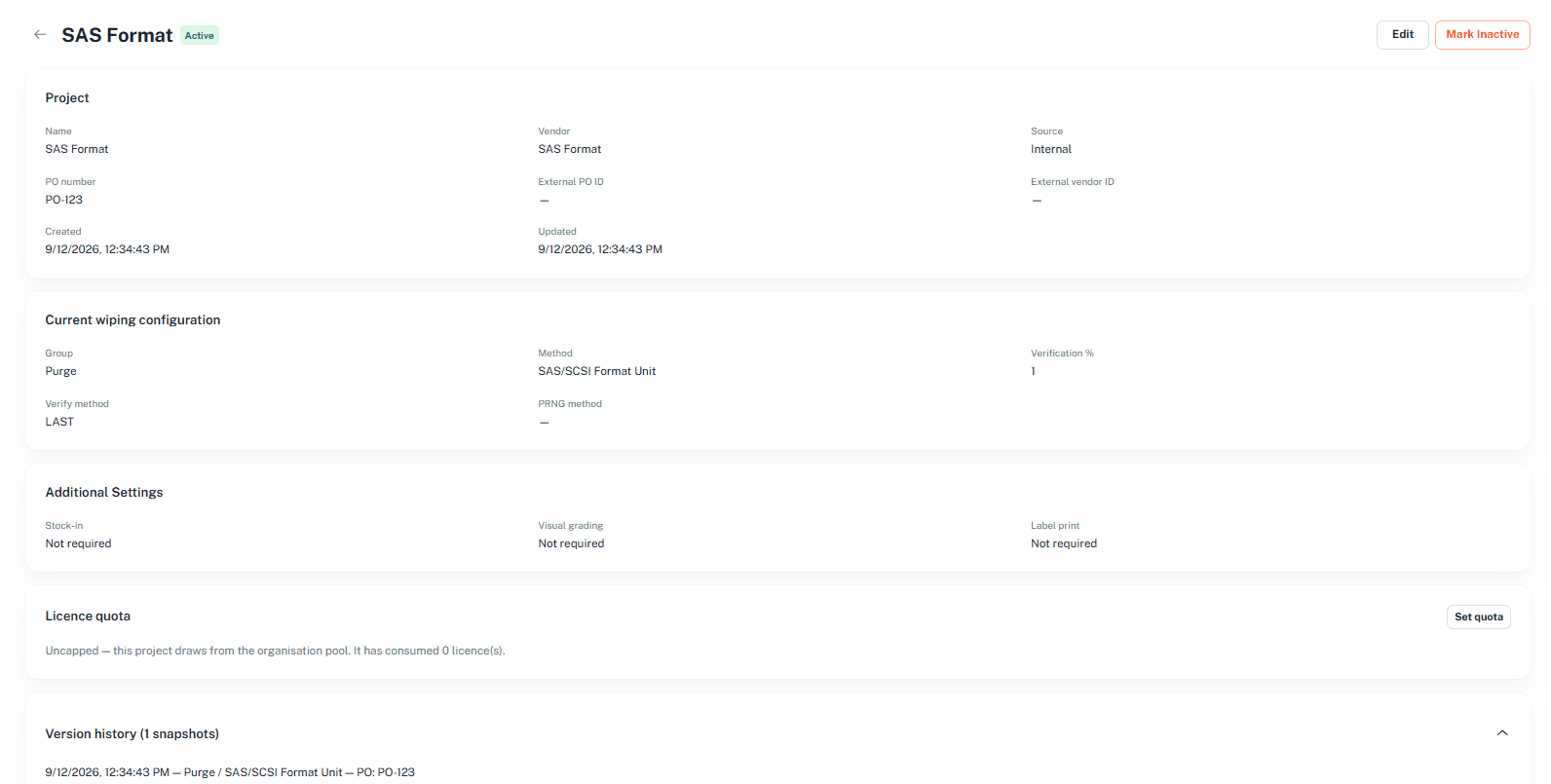 Project configuration page