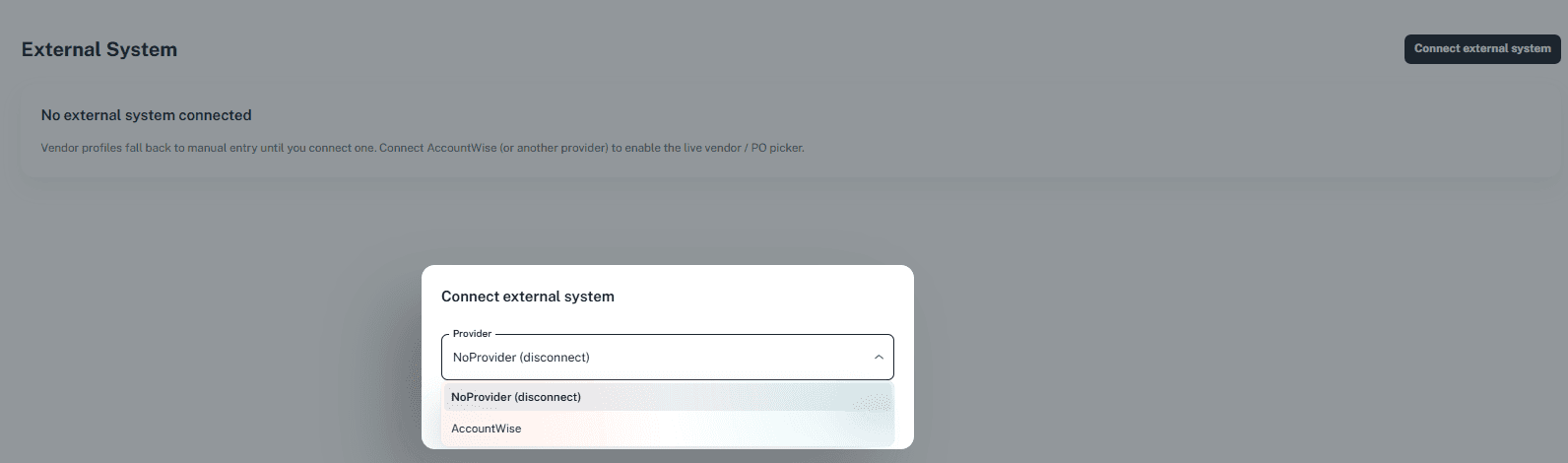Connect external system dialog