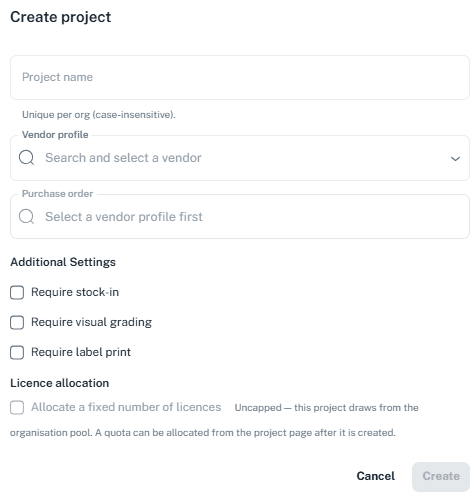 Create project dialog