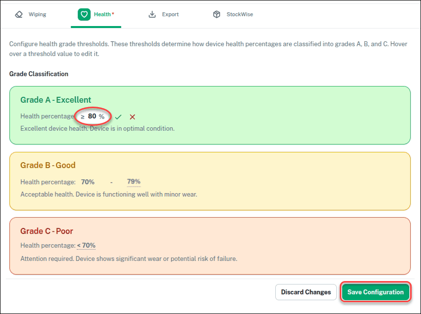 Device health configuration tab