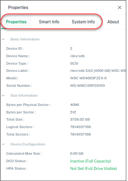 Device properties panel