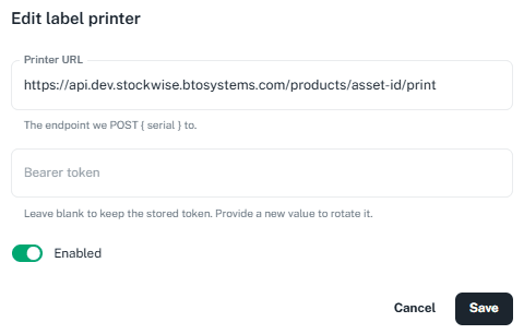 Edit label printer dialog