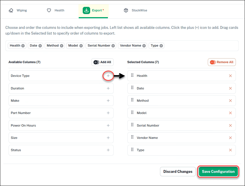 Export configuration tab