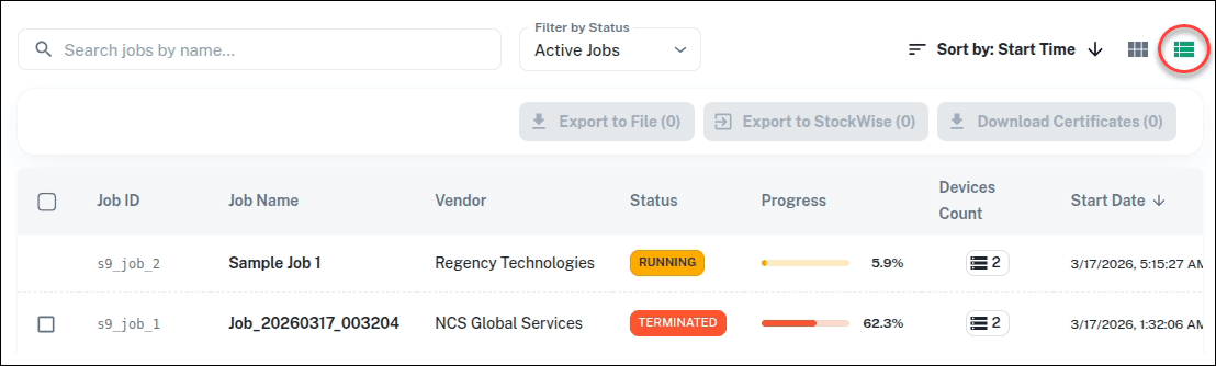 Jobs list view