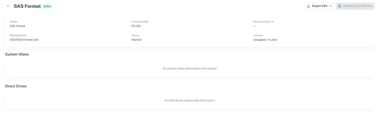 Project details with no wipes yet