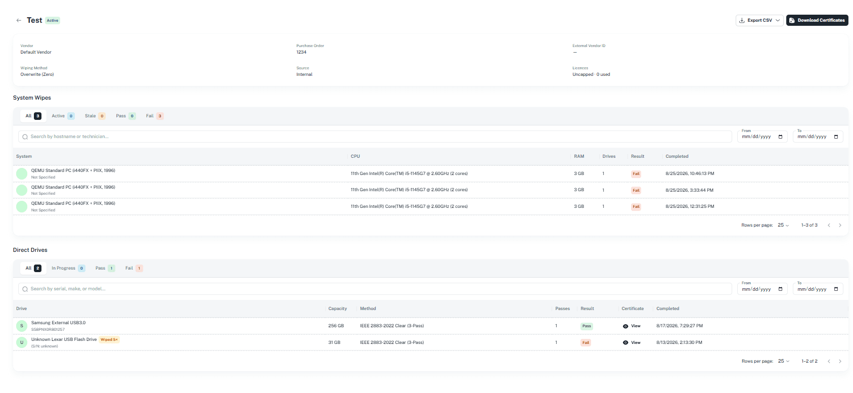 System Wipes section in a project