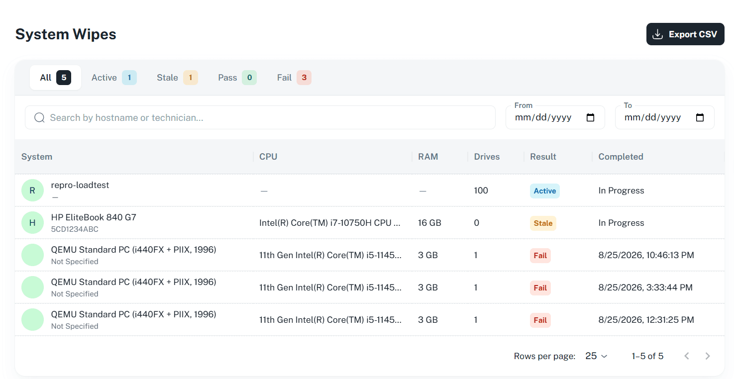 System Wipes page