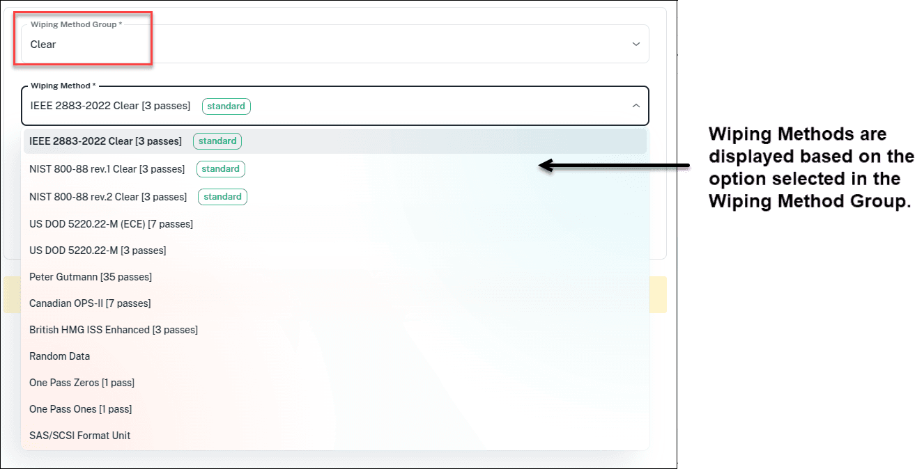 Wiping method options