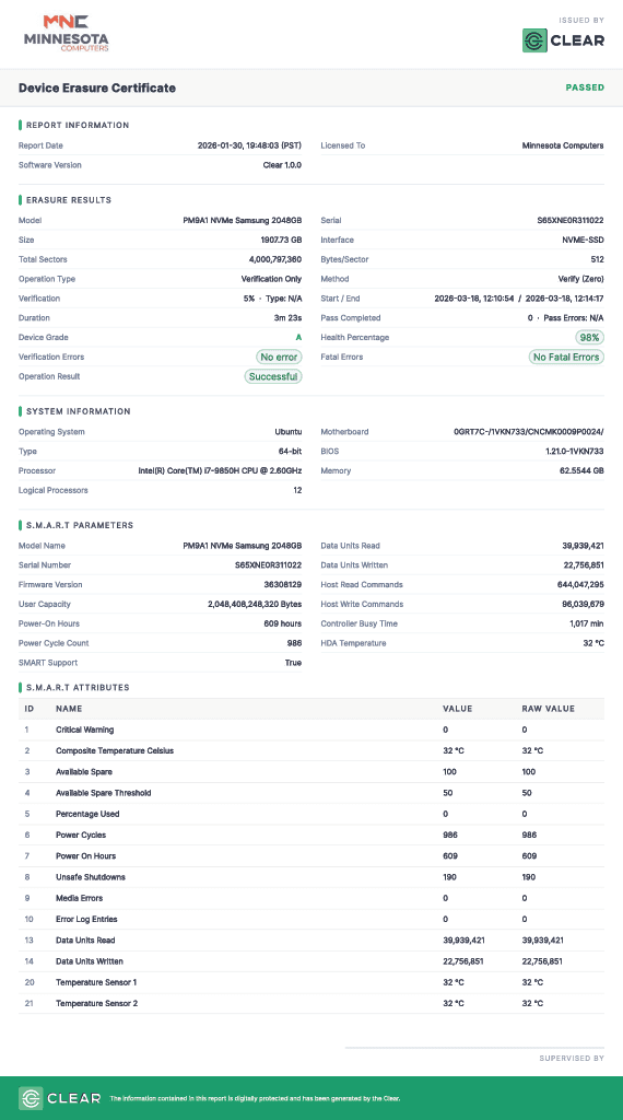 Device erasure certificate report